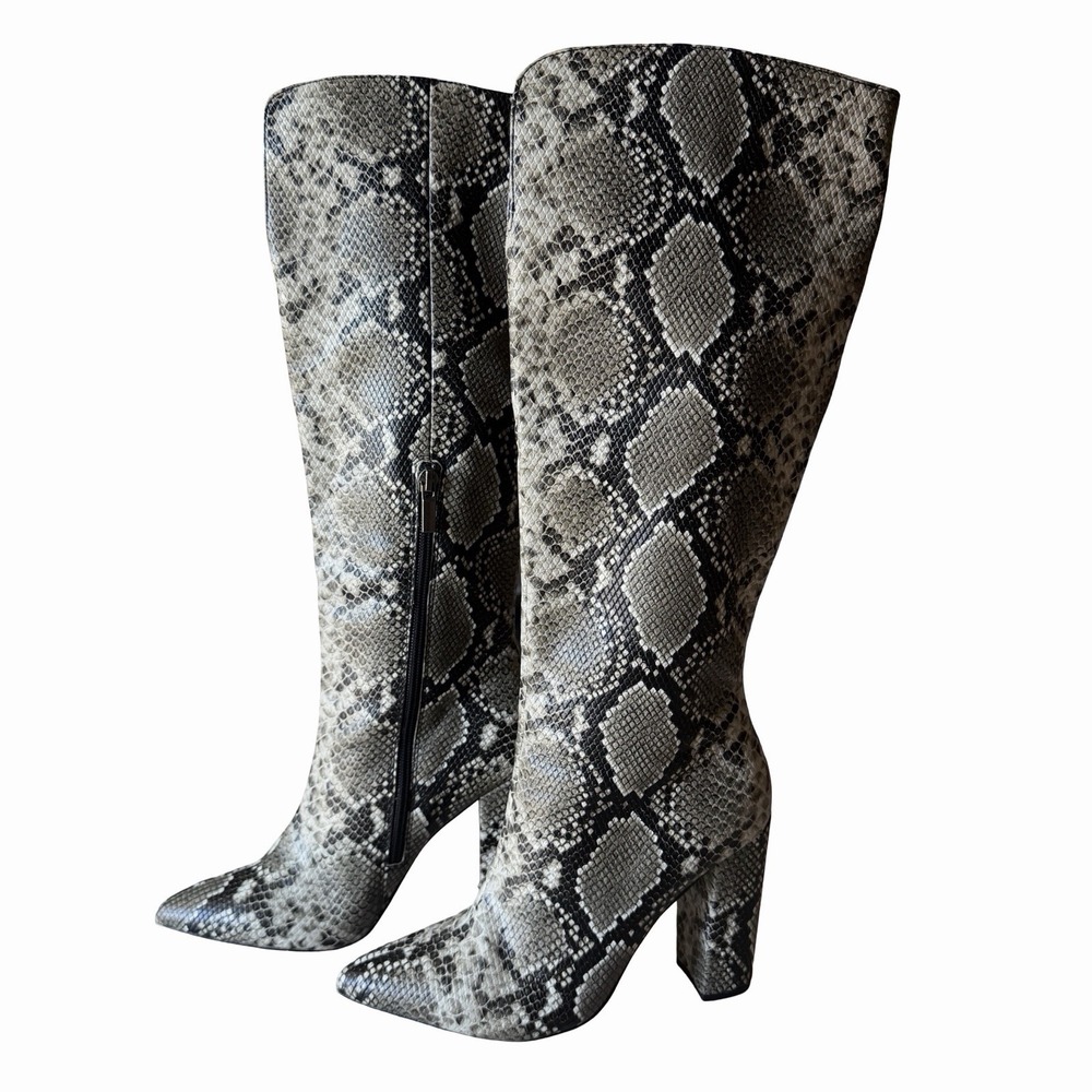 Knee High Snakeskin Print Boots Sz 6.5 Edgy Rocker Black Gray Mattison Glam Rock